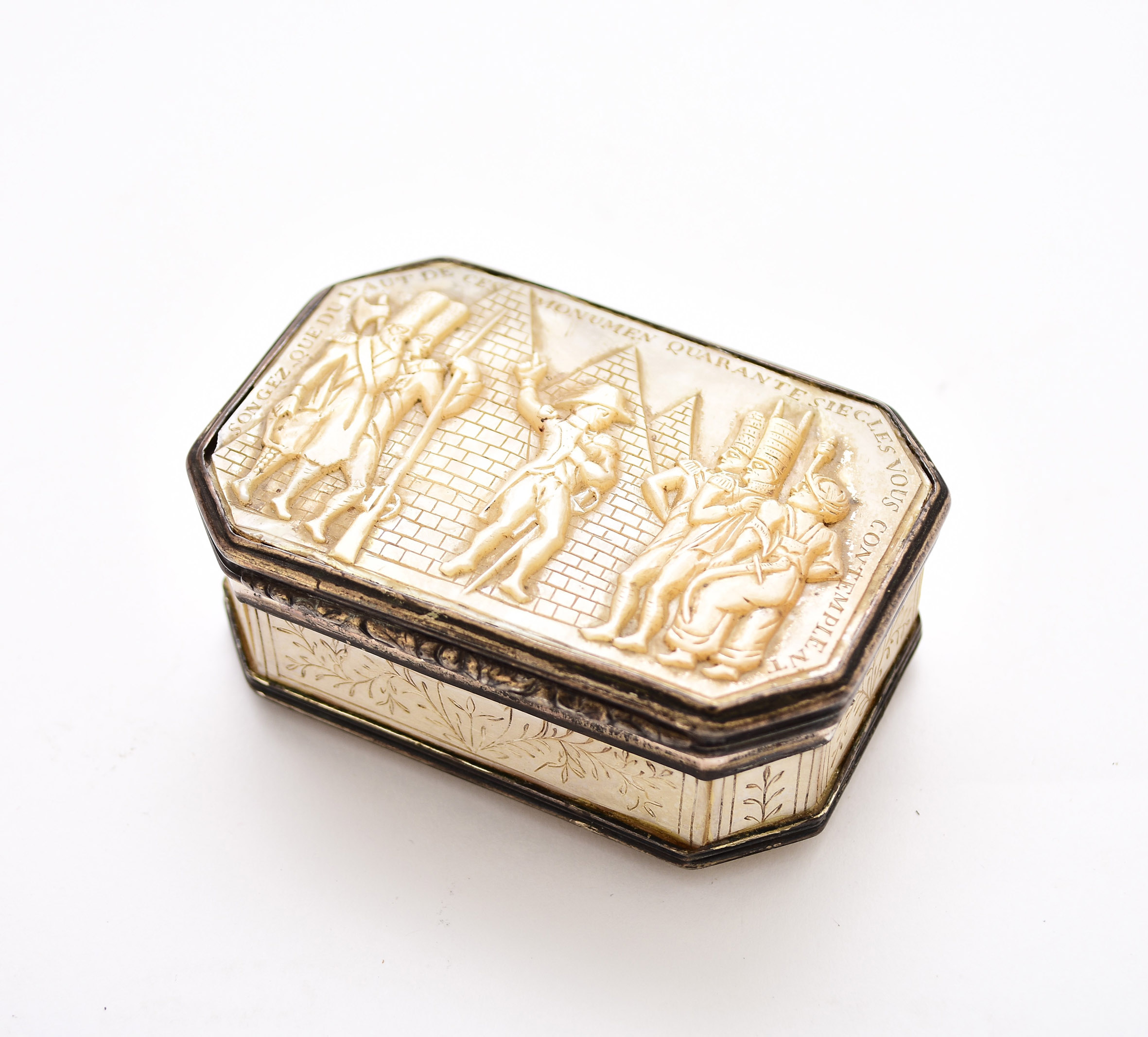 Napoleonic white metal mounted mother of pearl snuff box made £900.